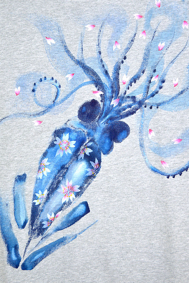 手描き桜を吹くイカ スウェットトレーナー 碧 あお 手書き 烏賊 さくら サクラ 京都 職人_3