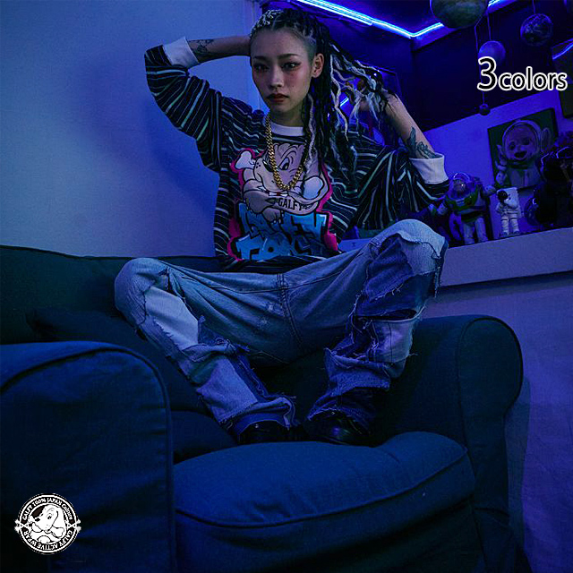 わんわん落書きボーダーロングTシャツ GALFY 131006 ガルフィー 犬 長袖 ユニセックス ゆったりめ ビッグシルエットの通販は 5,683円