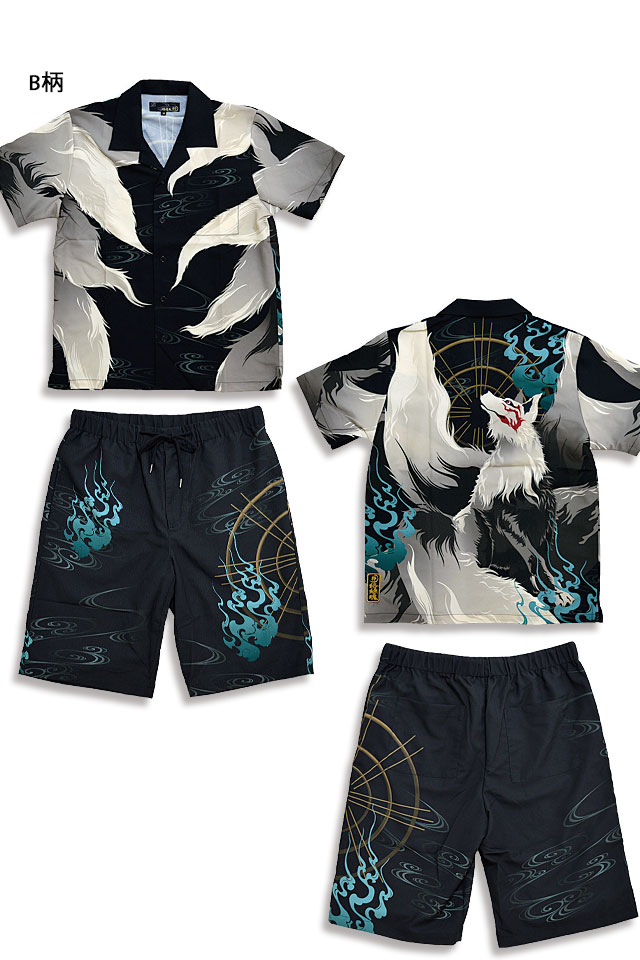 闇シャツセットアップ 絡繰魂 222801 和柄 和風 アロハ 上下 鯉 花魁 狐面 九尾 闇シャツセットアップ 絡繰魂 222801 和柄 和風 アロハ 上下 鯉 花魁