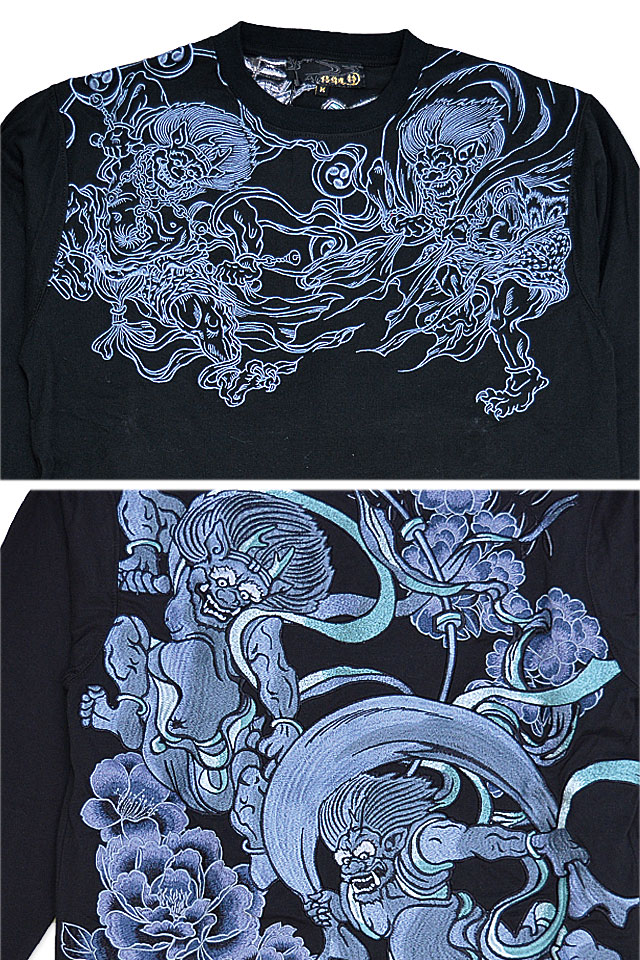 粋 風神雷神和彩ロングTシャツ 絡繰魂 234008 和柄 和風 刺繍 長袖