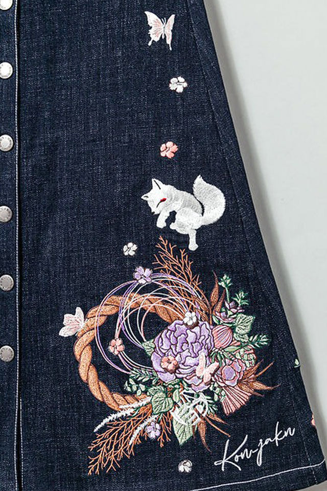 しめ縄柄総刺繍デニムスカート 今昔 レディース KJ-29228 和柄 和風 狐 キツネ こんじゃく_3