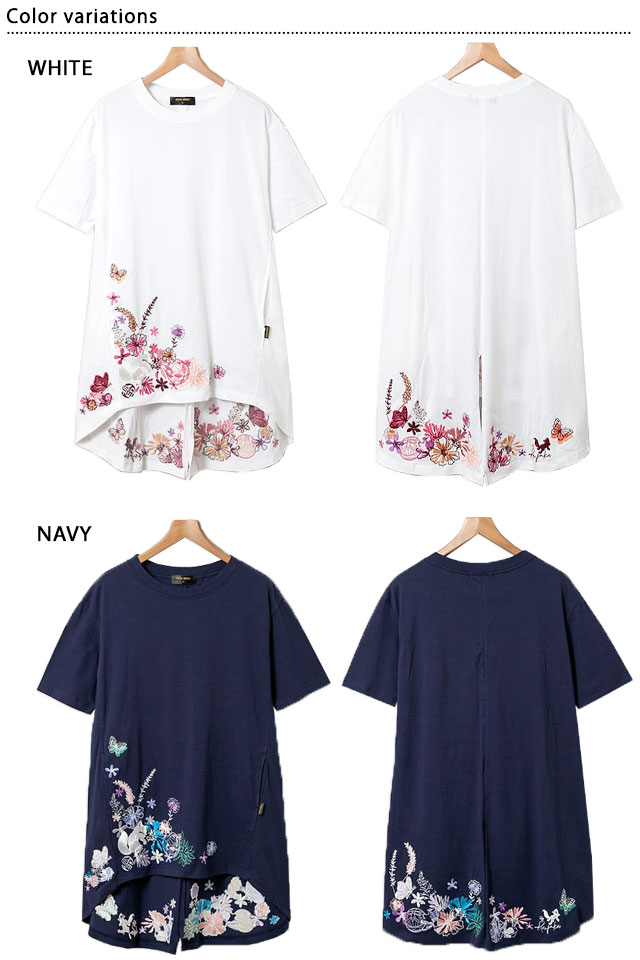 手毬と花総刺繍半袖チュニックTシャツ 今昔 レディース KJ-29214 和柄 和風 狐 きつね こんじゃく_1