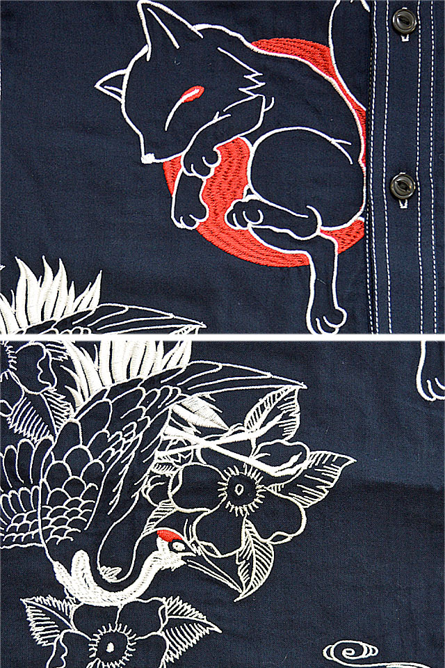鶴は千年亀は万年半袖刺繍シャツ 今昔 KJ-21010 和柄 和風 狐 きつね キツネ ツル カメ_4