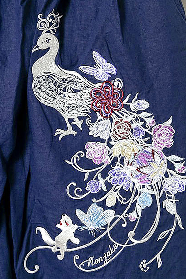 孔雀の花サルエルパンツ 今昔 KJ-29205 和柄 和風 狐 きつね キツネ 刺繍 ユニセックス_3