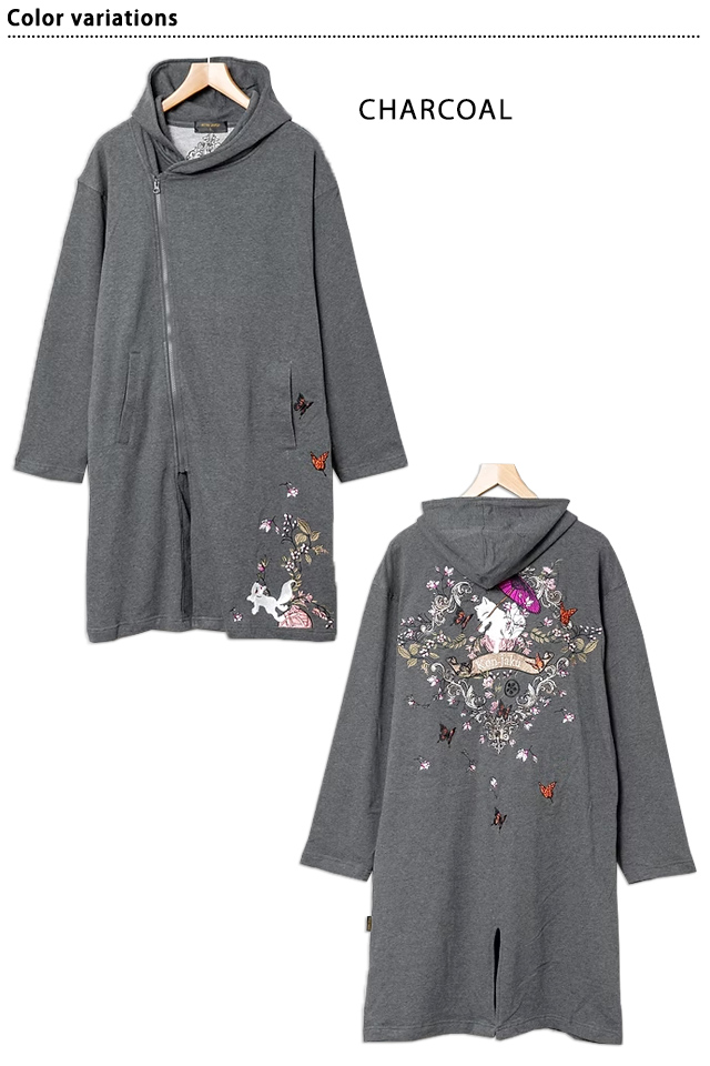 ビサンチンの花刺繍斜めジップロングパーカー 今昔 KJ-29254 和柄 和風 狐 きつね キツネ ユニセックス_1