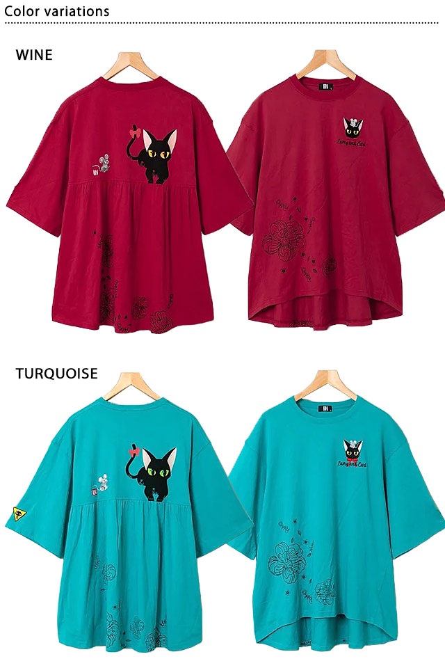 ラミ＆アール リボン付けたラミとアール レディース半袖Tシャツ LIN レディース AL-75072 黒猫 ネコ 鼠 ねずみ_1