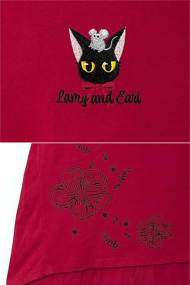 ラミ＆アール リボン付けたラミとアール レディース半袖Tシャツ LIN レディース AL-75072 黒猫 ネコ 鼠 ねずみ ラミ＆アール リボン付けたラミとアール レディース半袖Tシャツ