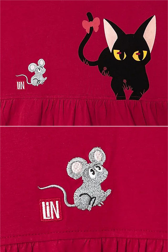 ラミ＆アール リボン付けたラミとアール レディース半袖Tシャツ LIN レディース AL-75072 黒猫 ネコ 鼠 ねずみ_4