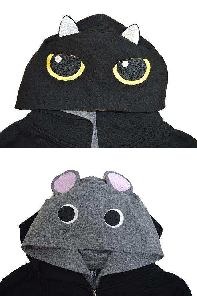ラミ＆アールダブル変身可能フードジップパーカー LIN AL-75018 黒猫 ねこ ネコ ネズミ 鼠 刺繍 スウェット