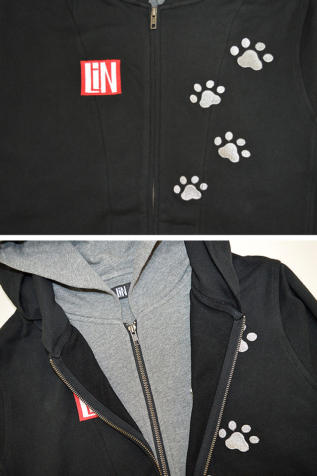 ラミ＆アールダブル変身可能フードジップパーカー LIN AL-75018 黒猫 ねこ ネコ ネズミ 鼠 刺繍 スウェット