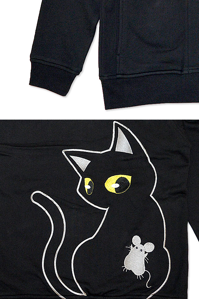 ラミ＆アールダブル変身可能フードジップパーカー LIN AL-75018 黒猫 ねこ ネコ ネズミ 鼠 刺繍 スウェット