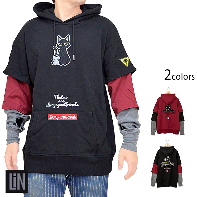 ラミアール袖変形オーバーサイズプルパーカー LIN AL-75048 黒猫 ねこ 鼠 ネズミ 男女兼用 刺繍