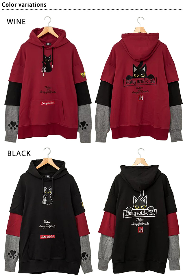 ラミアール袖変形オーバーサイズプルパーカー LIN AL-75048 黒猫 ねこ 鼠 ネズミ 男女兼用 刺繍_1