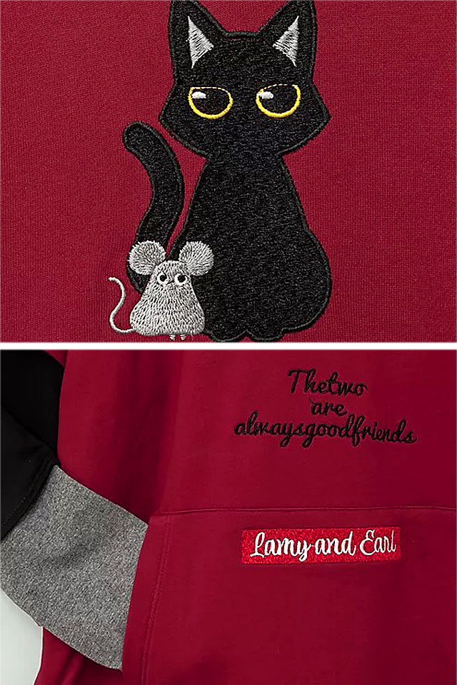 ラミアール袖変形オーバーサイズプルパーカー LIN AL-75048 黒猫 ねこ 鼠 ネズミ 男女兼用 刺繍_3