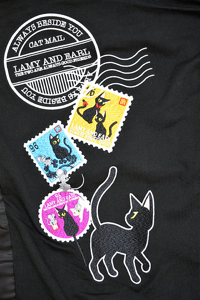 ラミ＆アール 記念切手長袖ジップパーカー LIN AL-75111 黒猫 ねこ ネコ 鼠 ネズミ 刺繍 ユニセックス_4