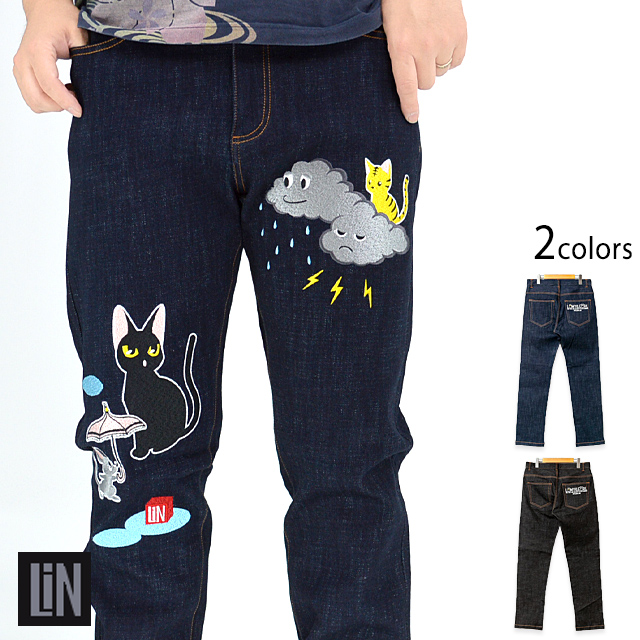 ラミ＆アール 雨が降ってきたデニムパンツ LIN AL-75123 刺繍 ジーンズ 黒猫 ねこ ネコ ネズミ ユニセックスの通販は
