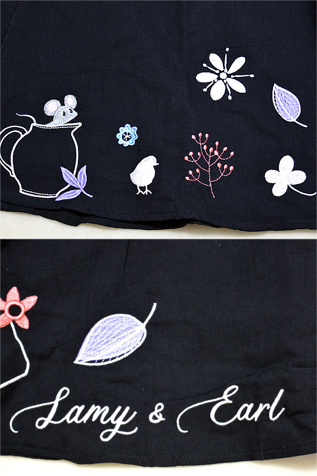 ラミ＆アール 食器に隠れる猫とネズミロング丈シャツ LIN AL-75745 黒猫 ねこ 鼠 ネズミ 刺繍 ユニセックス_5