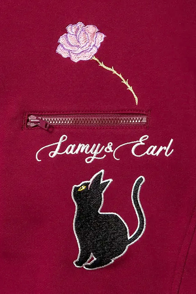 ラミ＆アール「古本をめくっていると不思議な夢を見た」総刺繍斜めジップパーカー LIN AL-75748 黒猫 ネコ 鼠 ネズミ ユニセックス_3