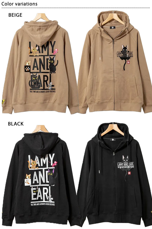 ラミ＆アール「LAMY AND EARLのロゴでキャットタワー」総刺繍ジップパーカー LIN AL-75126 黒猫 ネコ ネズミ ユニセックス_1