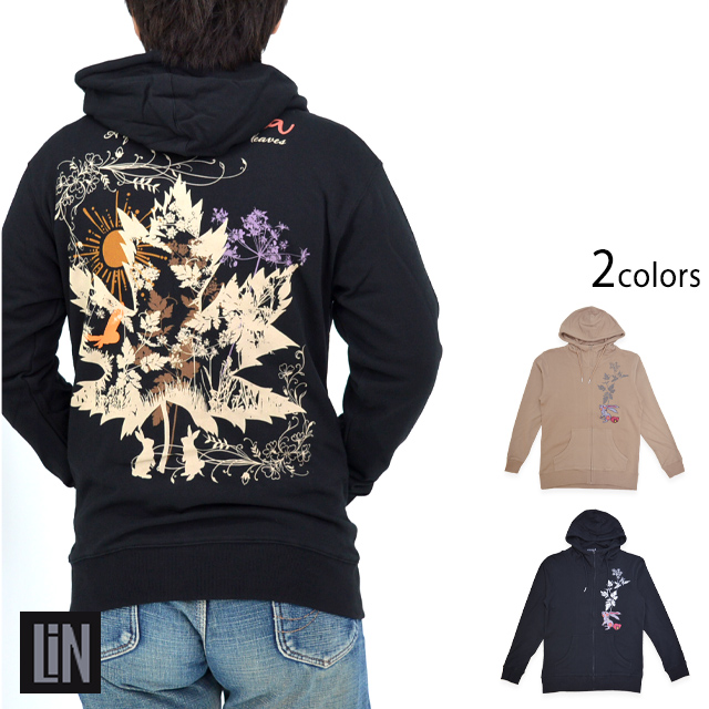 黒菟華 楓の中の静かな森パーカー LIN AL-759084 和柄 うさぎ ウサギ スウェット ユニセックス