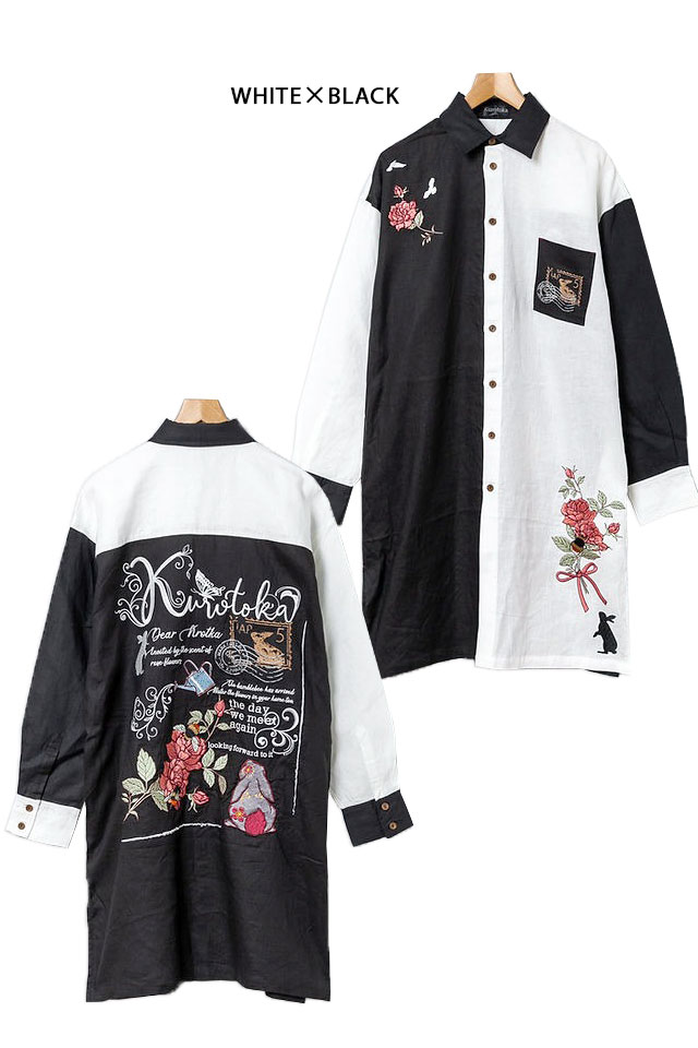 黒菟華 バラとマルハナバチロング丈長袖シャツ LIN AL-759073 和柄 兎 ウサギ 刺繍 ユニセックス_2