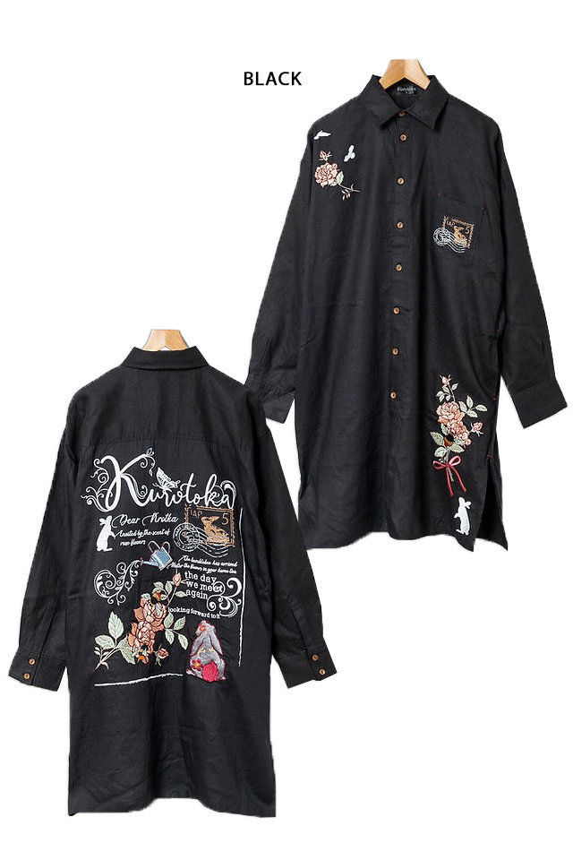 黒菟華 バラとマルハナバチロング丈長袖シャツ LIN AL-759073 和柄 兎 ウサギ 刺繍 ユニセックス_3