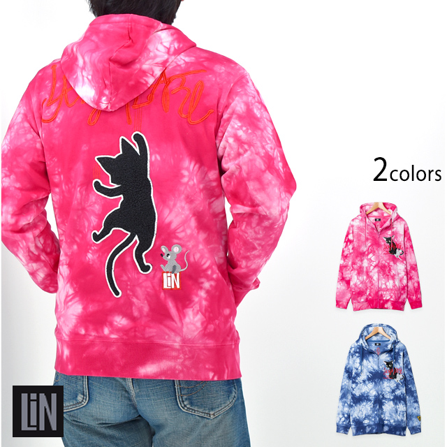ラミ＆アール ちゃんと反省しなさい！タイダイ染めフルジップパーカー LIN AL-75099 黒猫 ネコ ネズミ 刺繍
