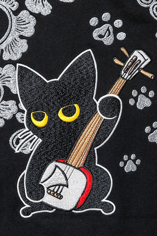 ラミ＆アール 和楽器総刺繍天竺ジップパーカー LIN AL-75617 黒猫 ネコ ネズミ 唐草 和柄_4