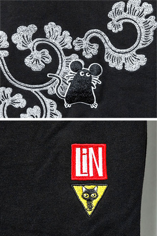 ラミ＆アール 和楽器総刺繍天竺ジップパーカー LIN AL-75617 黒猫 ネコ ネズミ 唐草 和柄_5