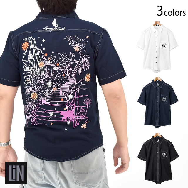 ラミ＆アール 路地裏の猫たち半袖シャツ LIN AL-75771 黒猫 ネコ ネズミ 刺繍