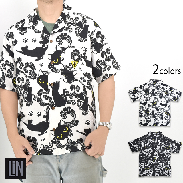 ラミ＆アール 猫の溜まり場半袖シャツ LIN AL-75616 黒猫 ネコ 唐草 アロハシャツ 和柄
