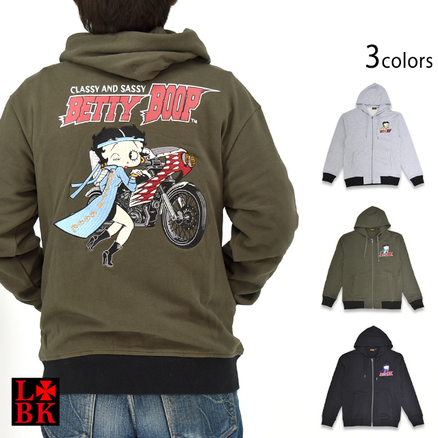 LBK×BETTY 特攻BETTYフルジップスウェットパーカー ロウブロウナックル 595861 ベティーちゃん 刺繍 バイカー