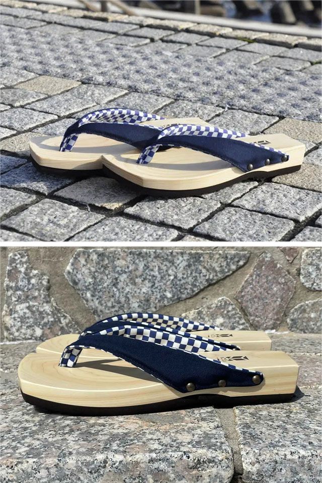 茶人 ツートン 紺×市松ブルー mizutori SA-08 ミズトリ 水鳥工業 下駄 日本製