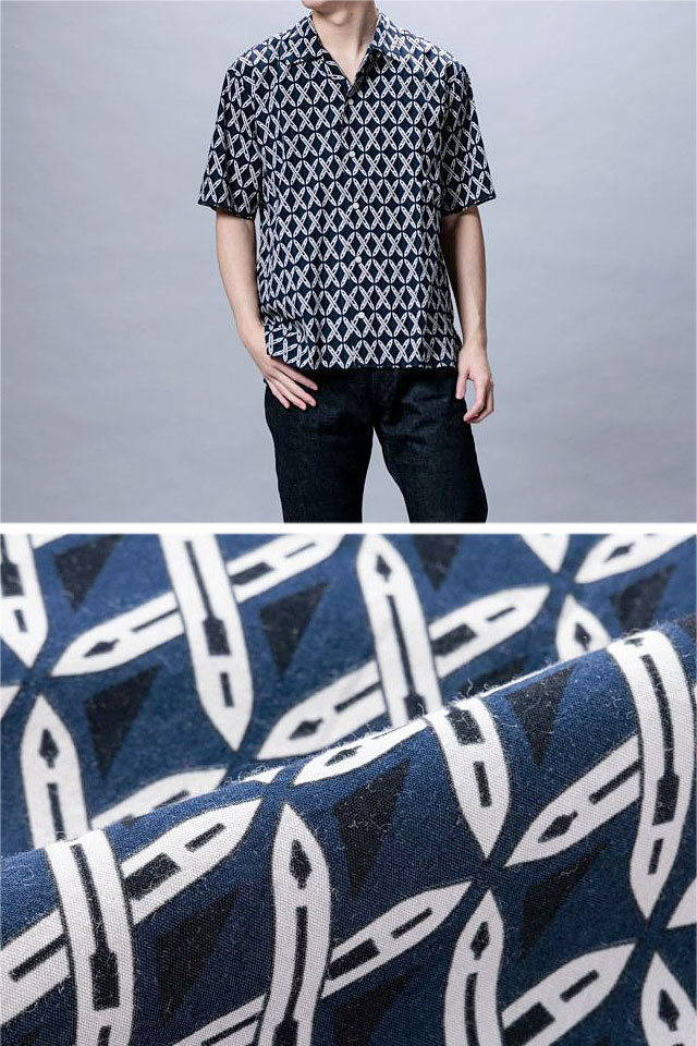 手捺染プリント半袖シャツ 桃太郎ジーンズ MXSS1003 MOMOTARO JEANS 日本製 国産 総柄