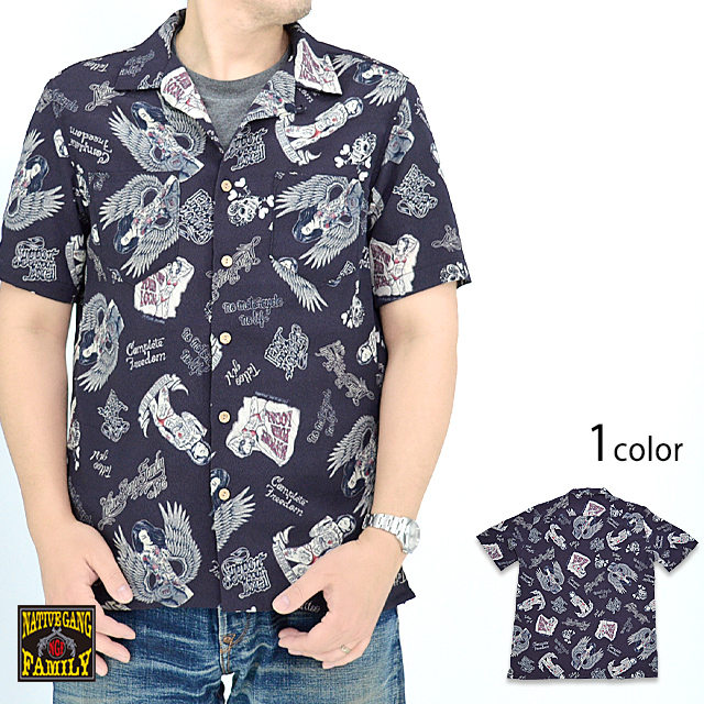 縮緬総柄オープンシャツ Native Gang Family NGF42-1481 アロハシャツ ハワイアン バイカー