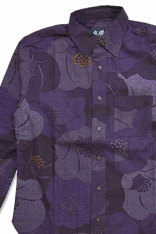 大島紬調長袖レギュラーシャツ 椿 衣櫻 SA-1497 和柄 和風 日本製 国産