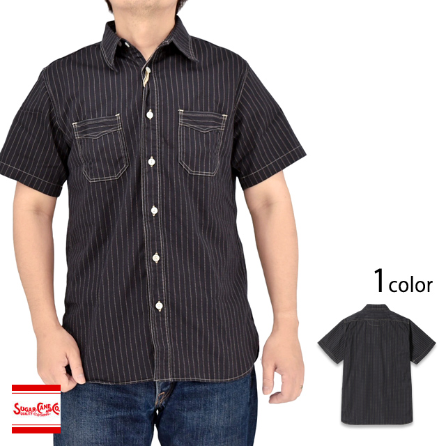 FICTION ROMANCE 8.5oz.ブラックウォバッシュストライプ半袖ワークシャツ SUGER CANE SC39702 シュガーケーン 日本製