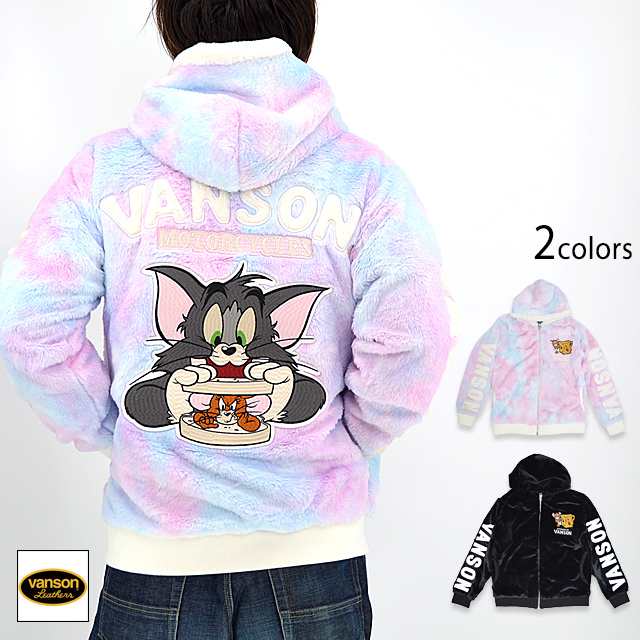 vanson×TOM＆JERRYコラボ ファージップジャケット vanson TJV-2244 バンソン ヴァンソン トムとジェリー 刺繍 ふわふわ