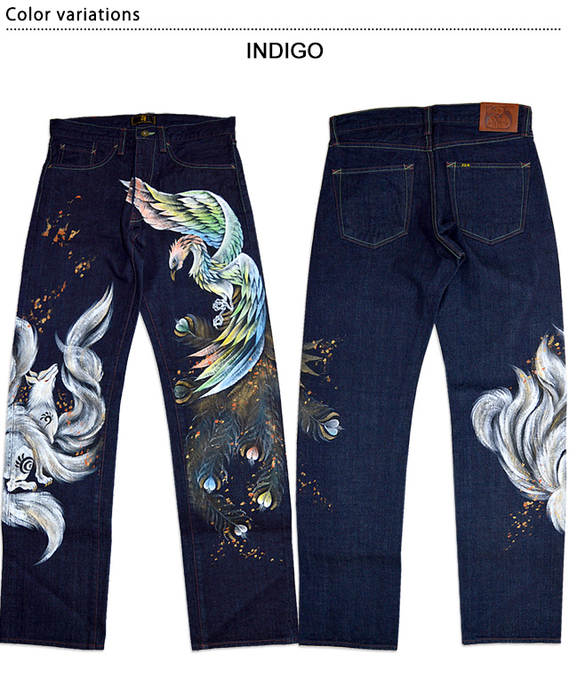 手描きデニムパンツ「鳳凰VS九尾の狐」 禅 KDP003-21 和柄 和風 手書き 京都 ジーンズの通販は 手描きデニムパンツ「鳳凰VS九尾の狐」 禅 KDP003-21 和柄 和風 手書き 京都 ジーンズの通販は