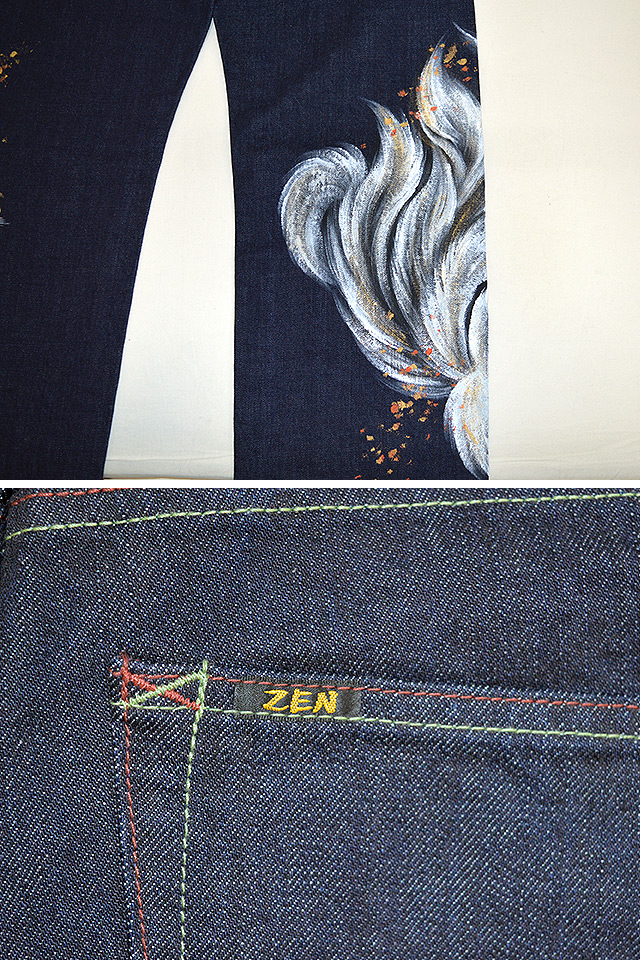 手描きデニムパンツ「鳳凰VS九尾の狐」 禅 KDP003-21 和柄 和風 手書き 京都 ジーンズの通販は 手描きデニムパンツ「鳳凰VS九尾の狐」 禅 KDP003-21 和柄 和風 手書き 京都 ジーンズの通販は