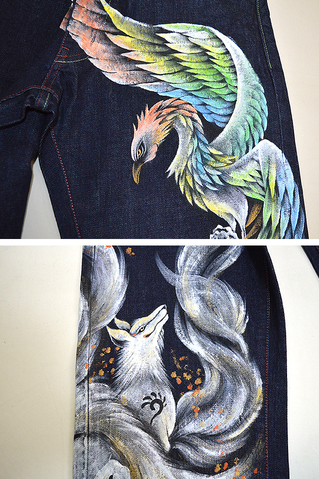 手描きデニムパンツ「鳳凰VS九尾の狐」 禅 KDP003-21 和柄 和風 手書き 京都 ジーンズの通販は 手描きデニムパンツ「鳳凰VS九尾の狐」 禅 KDP003-21 和柄 和風 手書き 京都 ジーンズの通販は