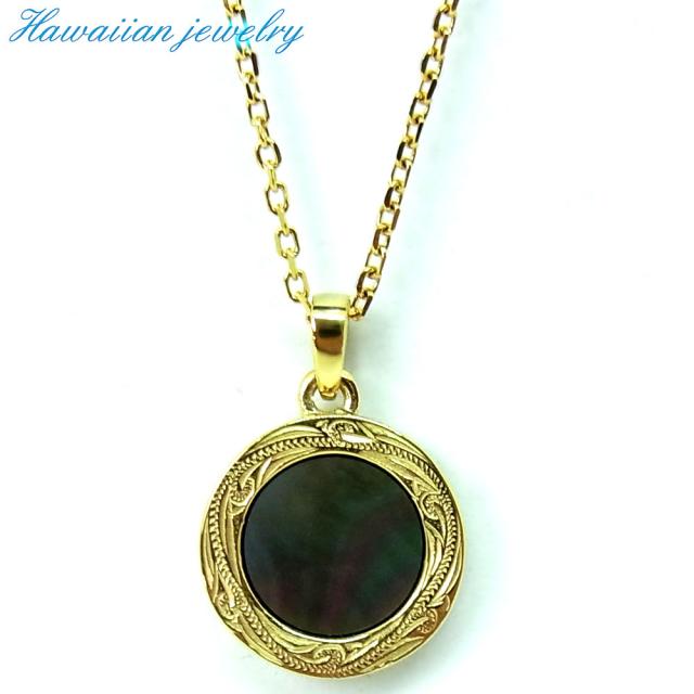 ネックレス ハワイアンジュエリー メダル ブラックシェル イエローゴールド ステンレススチール