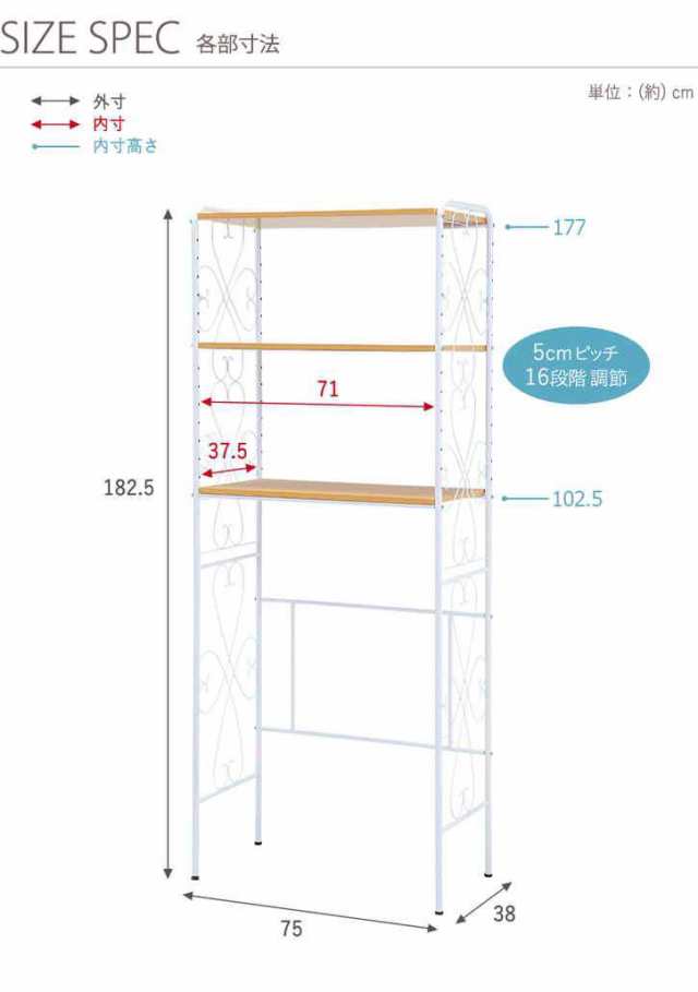 洗濯機ラック ランドリー収納 幅75×奥行38×高さ182.5cm スチール 棚板