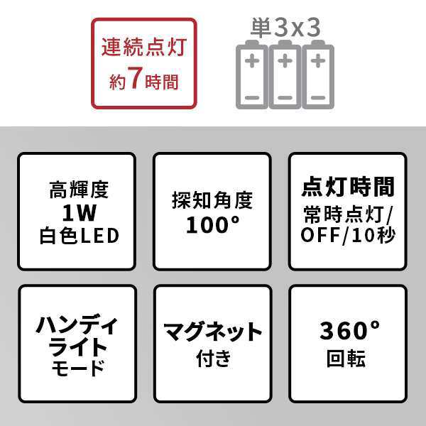 取り付け自由 三脚 人感センサー ライト 防雨型 単3電池 マグネット