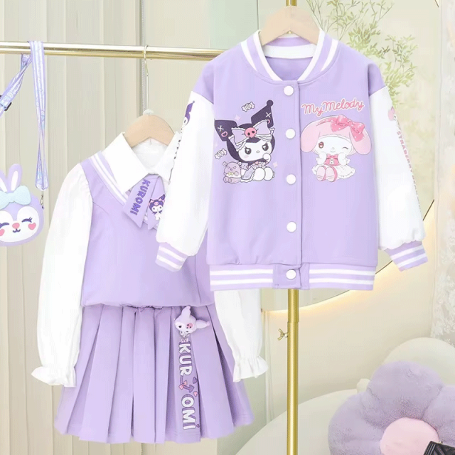 クロミちゃん メロディちゃん 長袖 ジャケット+プリーツスカート＋ベスト＋ 長袖 ブラウス 4点セット コットン カジュアルウェア  パープル ピンク ブルー３色 110-150cm かわいい パーティー プリンセスファッション キューティーの通販は