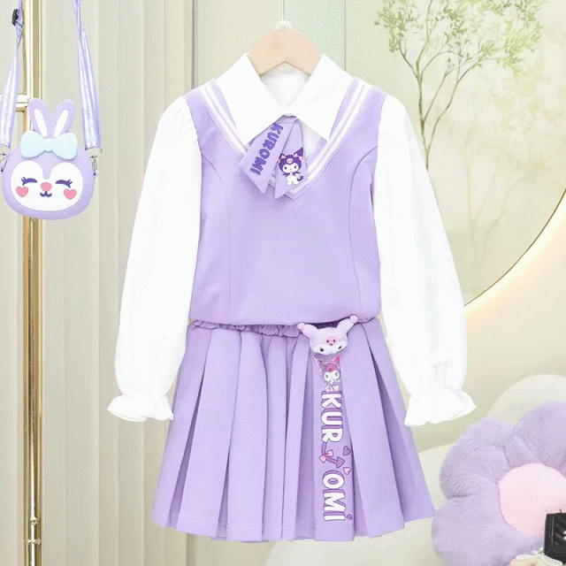 クロミちゃん メロディちゃん プリーツスカート＋ベスト＋ 長袖 ブラウス 3点セット コットン カジュアルウェア  パープル ピンク ブルー３色 かわいい パーティー プリンセスファッション キューティーの通販は 4,922円