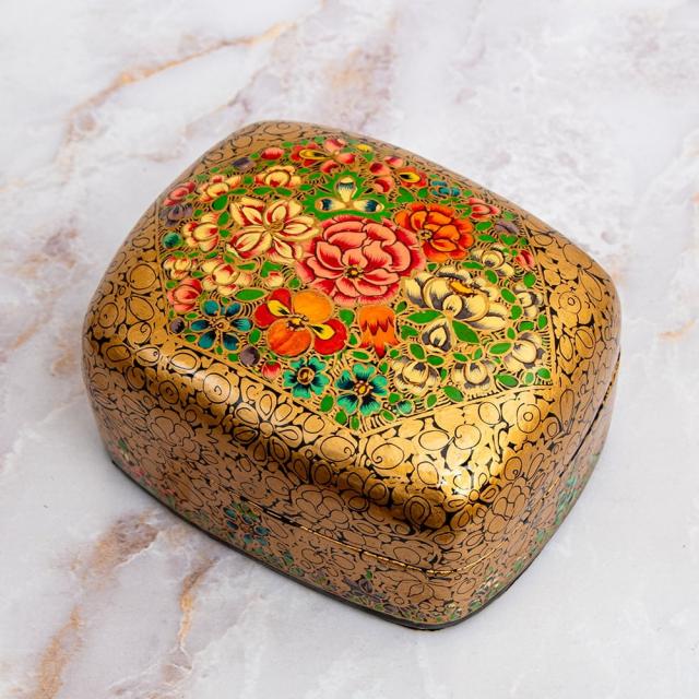 【送料無料】 【超高精細 一点もの】カシミールのペーパーマッシュ 百花繚乱 長方形小物入れ 約9cm x 約7.5cm / ミニアチュール 細密画 ペルシャ アジア アジアン デコレーション インテリア エスニック