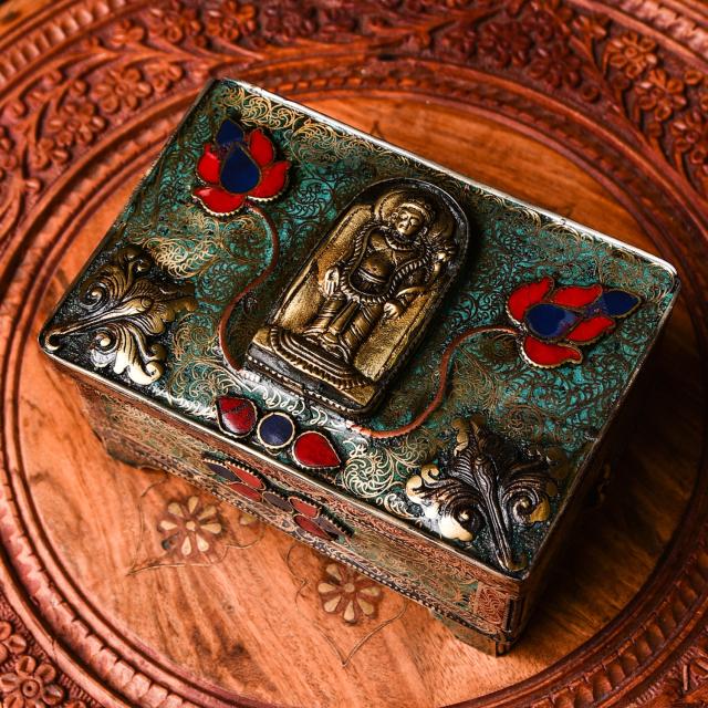 【送料無料】 【高精細】無限唐草 チベタン ジュエル ボックス ヴィシュヌ 15.5 x 10.5cm / 小物入れ ジュエルボックス 宝石箱 文具箱 インド ピルケース アクセサリーケース エスニック アジア 雑貨_1