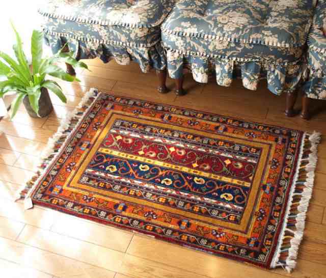 インド　カシミール　シルク　手織り絨毯 ヴィンテージラグ 玄関マット