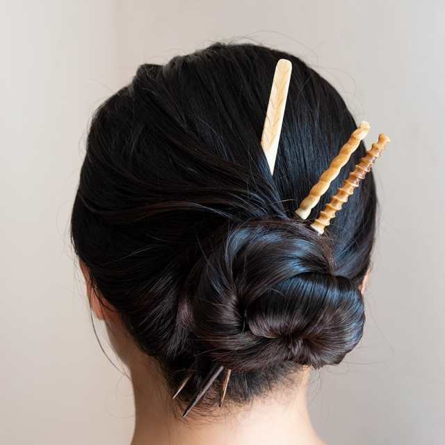 水牛の角と美しい木目のかんざし 落葉 / エスニック ヘアピン 簪